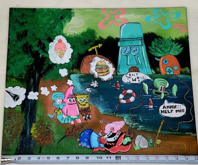 Original Sponge Bob Oil On Canvas ''A Day At The Beach'' One Of One 16''x20''