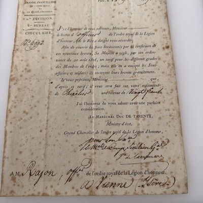 1817 French Legion of Honor Document Marshal Macdonald Duke of Tarente Bourbon