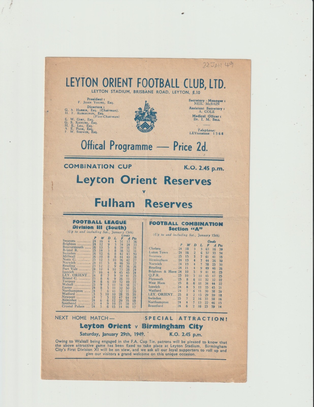 1948/49 Combination Cup.Leyton Orient Res.v Fulham Res. for sale on Ebay