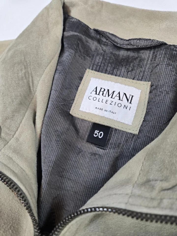 Chaqueta Armani Collezioni Para Hombre 50 Beige Gamuza Cuero Cremallera Frontal Abrigo Hecho en Italia Foto 2 de 4