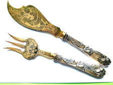 Jugendstil 800 Silber FischvorlegeBesteck Hochrelief Iris Dekor Laffen vergoldet