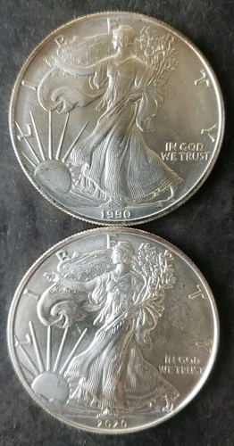 1990 and 2020 $1 American Silver Eagle Dollars
