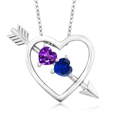 925 Sterling Silver Amethyst and Created Sapphire Heart and Arrow Pendant