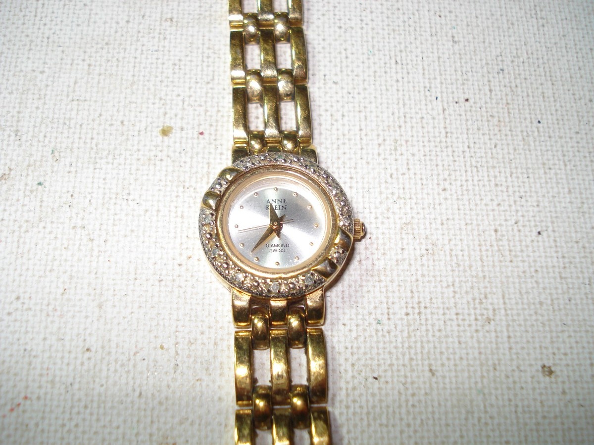 GORGEOUS VINTAGE LADIES LARGE ANNE KLEIN GOLD GENUINE DIAMONDS WATCH RTL  $375
