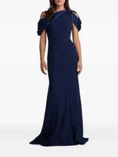 TADASHI SHOJI Navy Twist One Cold Shoulder Drape Crepe Maxi Dress Gown 12 = L