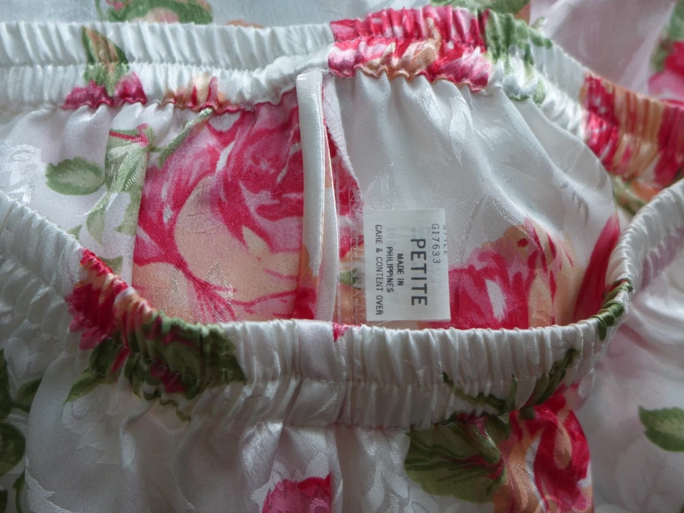 Talbots Petites Cabbage Rose Pink Floral White Satin Lounge Pant Pajamas P NEW - Image 2 of 4