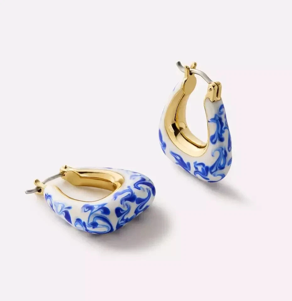 Vintage Blue Enamel U Shape Hoop 18K Gold Plated Dainty Dangle Hoop Earrings - Image 3 of 4