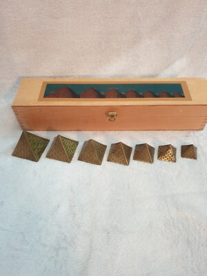 7 BRASS NESTING PYRAMID PAPERWEIGHTS * A WOODEN BOXED SET * ANCIENT EGYPT OFFICE