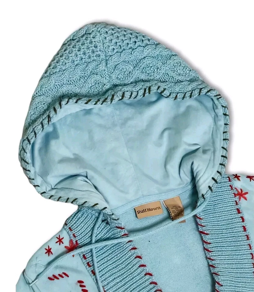 Suéter Pullover Tejido Bordado Con Capucha Cuello en V Azul Grande Tallado con Volantes Boho para Mujer Foto 2 de 4