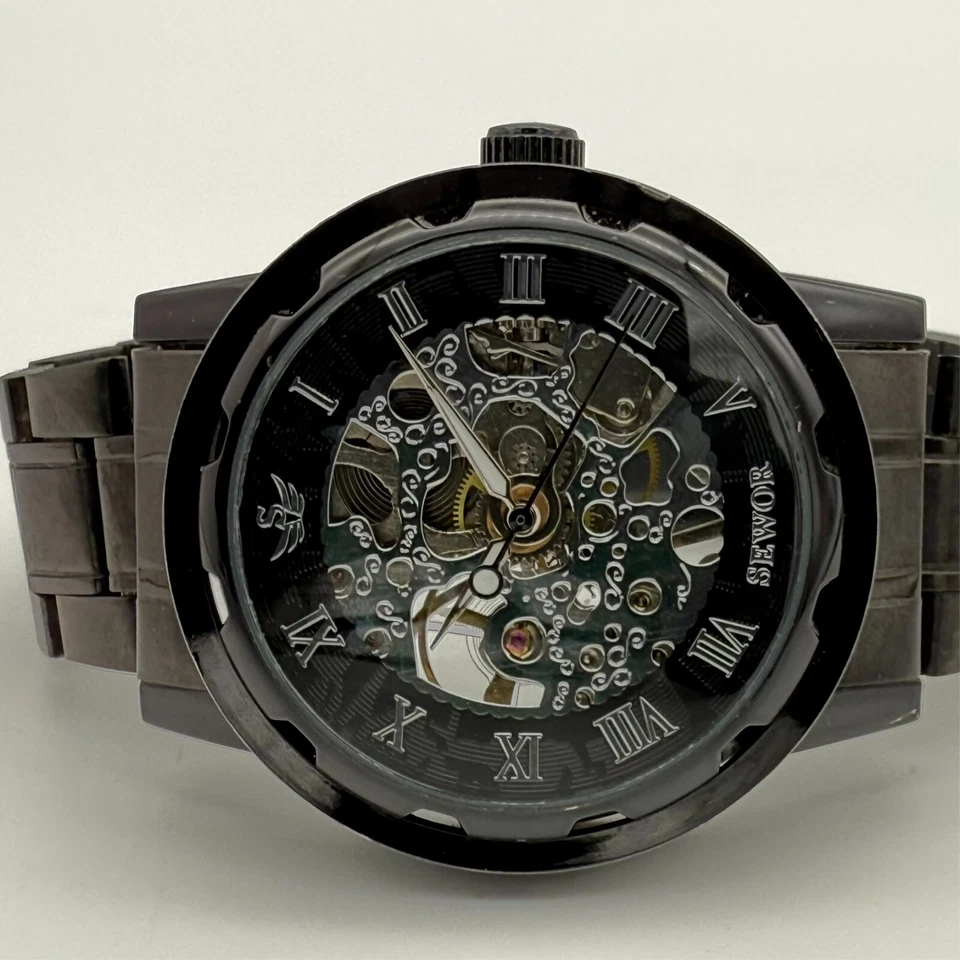 Men's SEWOR Mechanical Silver Skeleton Dial Watch, Black Bracelet, 41mm, Runs - Image 4 of 4