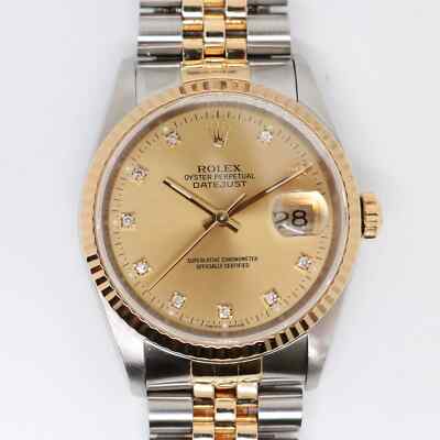 1990 Rolex 16233G Datejust 36mm Steel 18K Yellow Gold Diamond