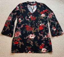 Just Fab long bell sleeve V-neck black floral print Shift Dress, sz L, NWT