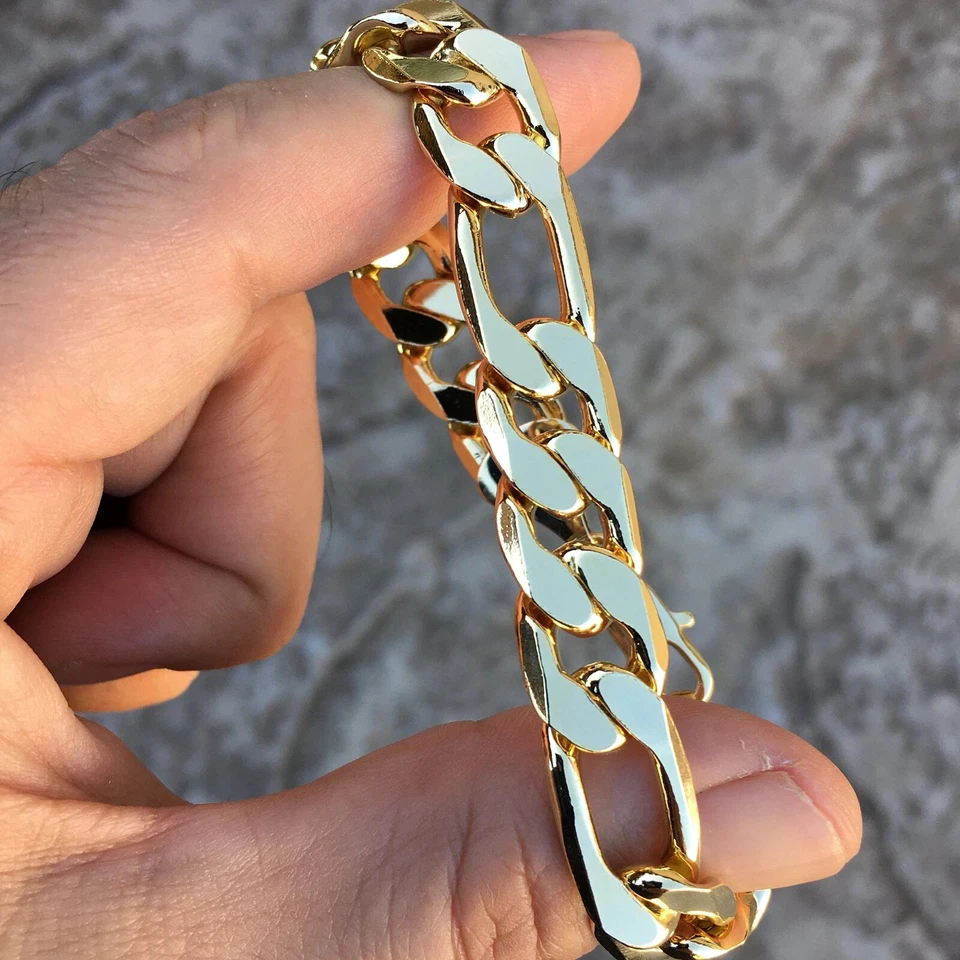 Brazalete de cadena Figaro enchapado en oro de 14K grueso hip hop para hombre joyería de muñeca de alta resistencia Foto 3 de 4