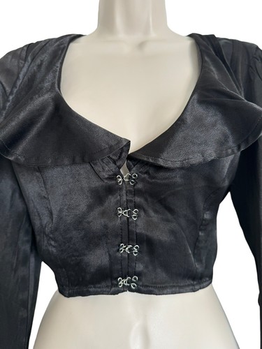 Free People Blouse XS Stretch Black Shirt Crop Top Long Sleeve Clip Hook Ruffles - Picture 3 of 12
