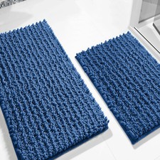 Large 2 Piece Set Blue Soft Cozy Plush Chenille Bath Mat Bathroom Rug