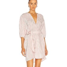 GANNI Pleated Satin Tie Waist 3/4 Sleeve Wrap in Pale Lilac Dress MEDIUM NWT