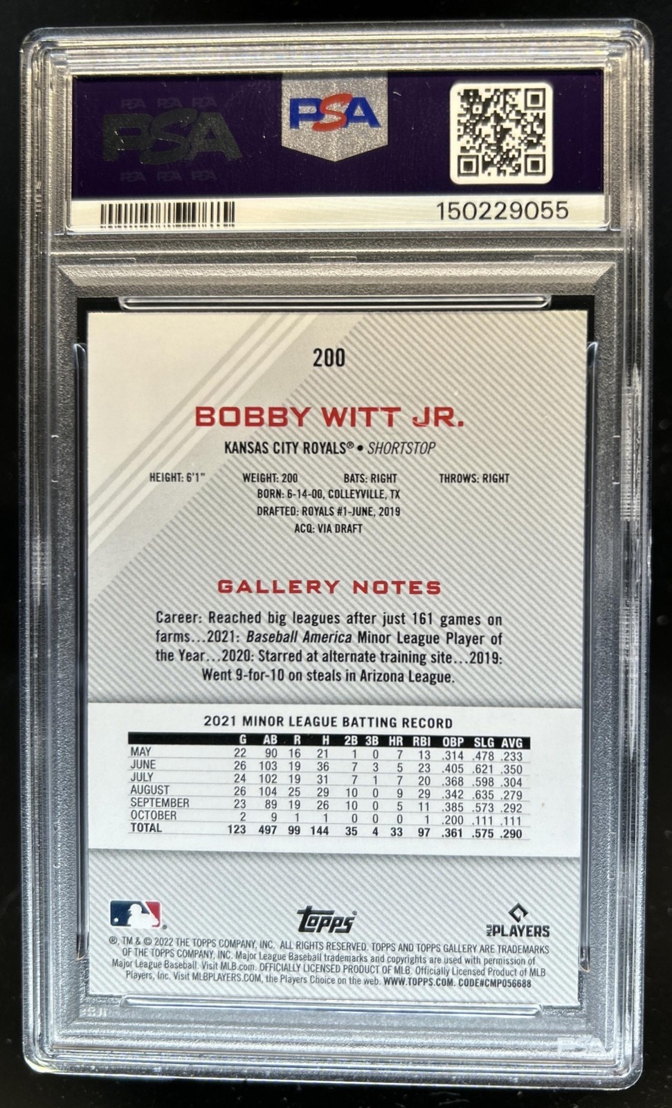 2022 Topps Gallery Bobby Witt Jr. RC Printer Proof Rookie #200 Royals PSA 9 view 2
