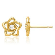 14K Solid Yellow Gold CZ Flower Stud Earrings