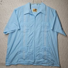 VTG Genuine Haband Guayabera Shirt Mens XL Blue Zip Front 4 Pocket Embroidered
