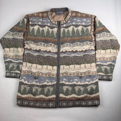 Icelandic Design Womens M Wool Zip Front Scenic Tree Fair Isle Lined Jacket Gray