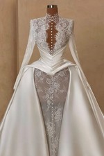 Lace Wedding Dress High Neck Long Sleeve Beaded With Detachable Tail Bridal Gown