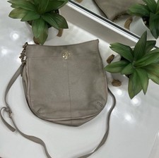Tory Burch Shoulder Bag Beige Pebbled Leather Chain Strap Logo Gold Hardware