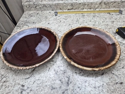 Vintage Hull Pottery Mirror Brown Drip Glazed Oven Proof Dinner Plates Set of 2