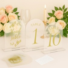 Wedding Table Numbers 1-10 Clear Acrylic Seating Signs Gold Lettering Decor