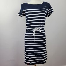 French Short Sleeve Navy Dress S Blue White Stripes Belted Resort Beach Classic