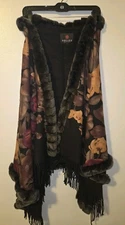 Womens Volare New York Floral Cashmere Shawl Fur Trim Wrap