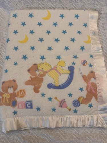 Vintage Triboro Baby Blanket Rocking Horse Blue Stars Satin Trim 35 X 46”