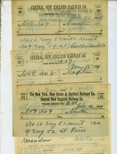 CENTRAL NEW ENGLAND RY. TRAIN ORDERS (10) CANTON, CONNECTICUT  1912 - 1921.