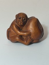 Vintage Boxwood Netsuke Japanese Carving Collectible Monkey With Nut