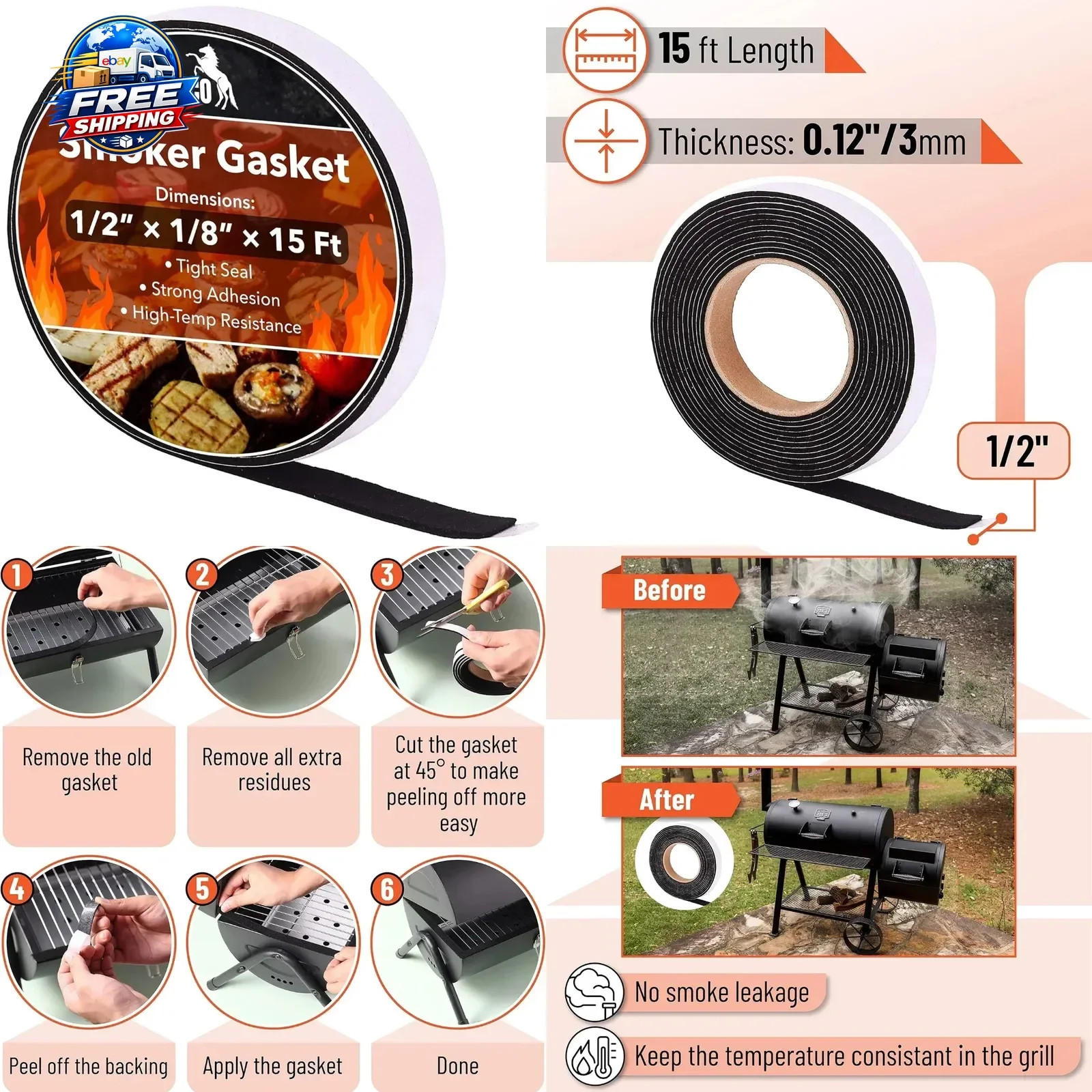 Smoker Gasket 15 Ft 1/2"X1/8" High Temp Grill & BBQ Gasket