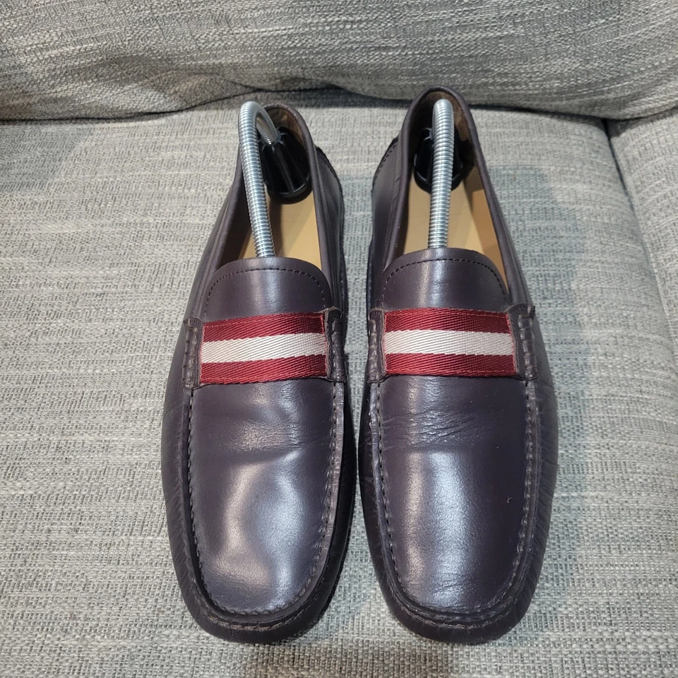 Bally Pearce Mocasines Zapatos Hombres 9 Sin Cordones Sin usar, Puntera Conducir Italia Marrón Rojo Rayas Foto 2 de 4