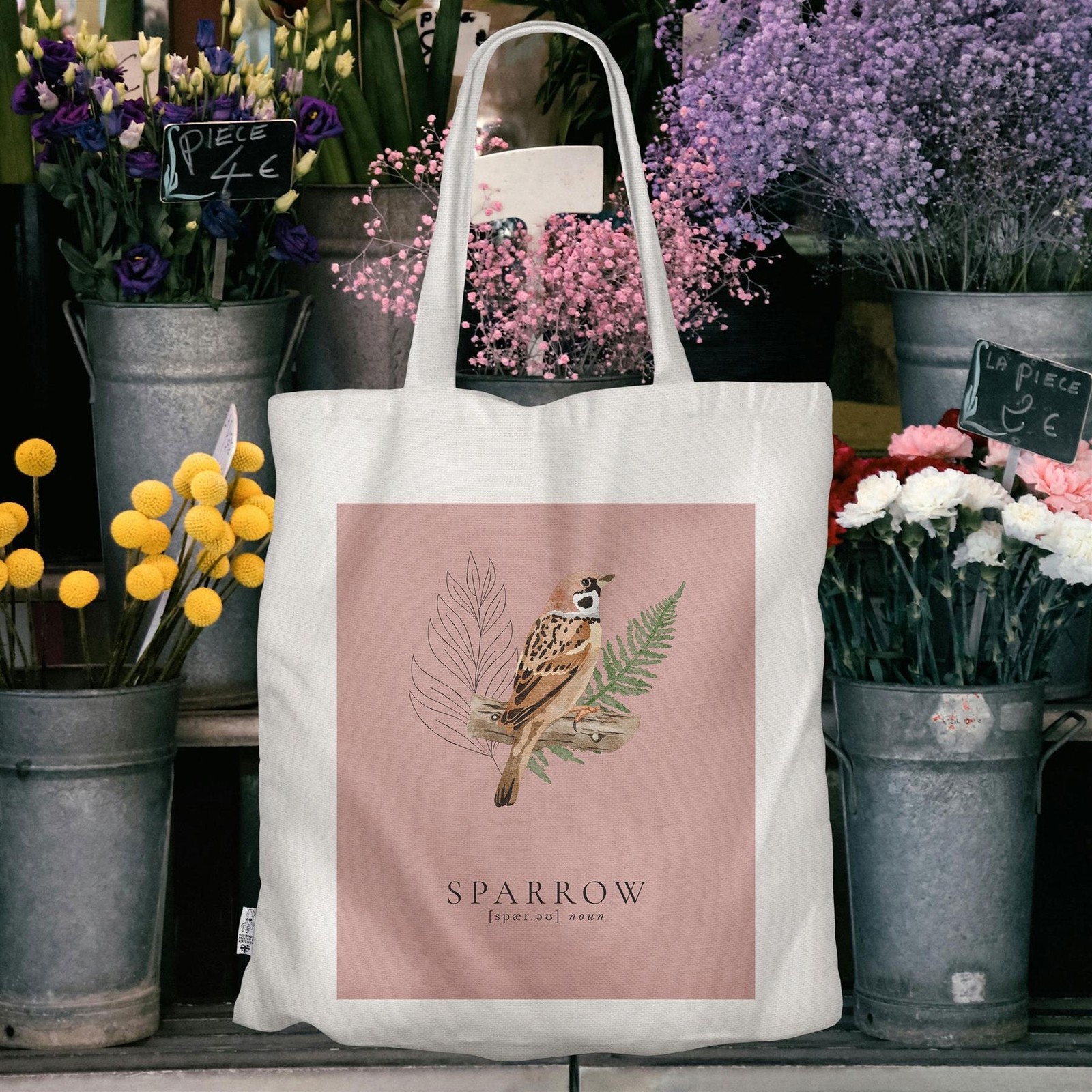 Sparrow Bird In Garden on Pink Polyester Reusable Shopping Tote Bag