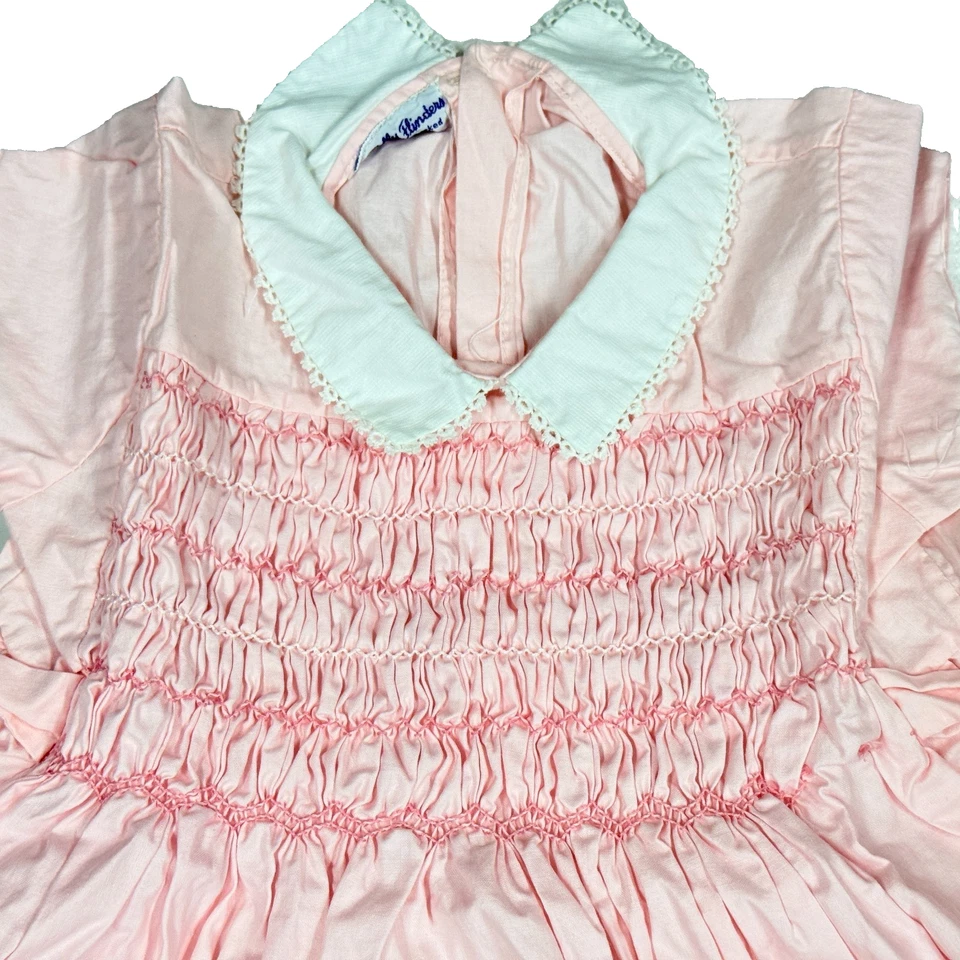 VTG 1950s Polly Flinders Pink Cotton Hand Smocked Party Dress 3T Cottagecore - Image 3 of 4