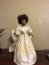 African American Fashion Doll Medium Dark Wavy Hair in Ivory Satin Lace Dress