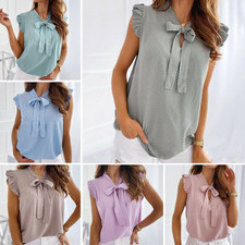 Womens Fashion Polka Dot Printed T Shirt Blouse Big Bow Sleeveless Casual Tops