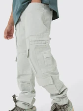 Boohoo Man Men's Relaxed Rigid Multi Pocket Cargo Jeans In Stone Sz 32R NWT