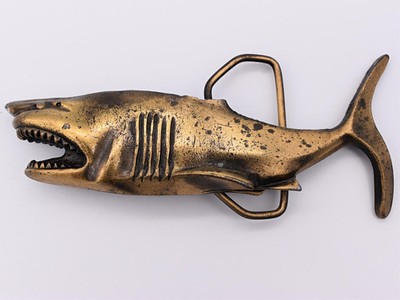 Shark 1970s Artist Signed Richard Synek Vintage Belt Buckle - DAMAGED