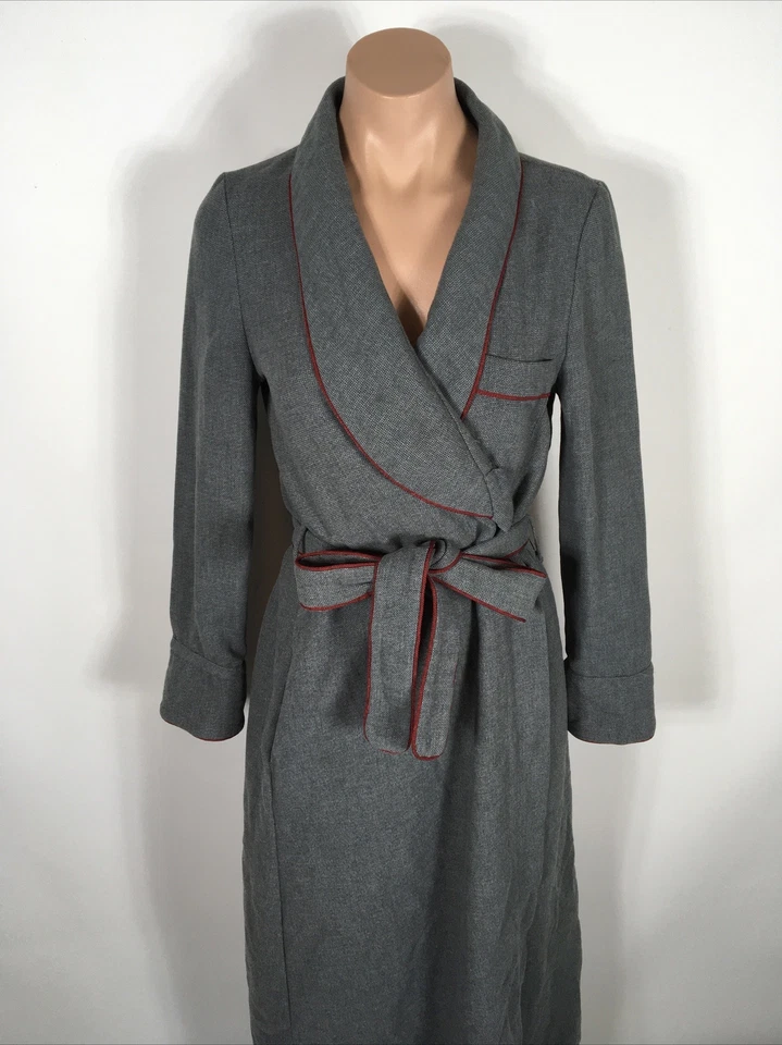 Evan Picone Vintage 70s Dacron Polyester Gray Red Bath Robe Tie Waist Petite - Image 3 of 4