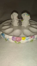 Vintage Easter Deviled Egg Platter Tray w/Bunny Rabbit Salt & Pepper Shakers 176