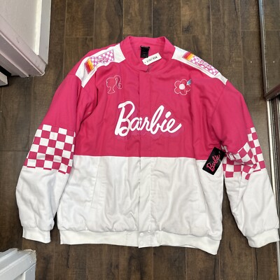 Barbie Racing Jacket Coat Small Pink Checkered Embroidered Doll