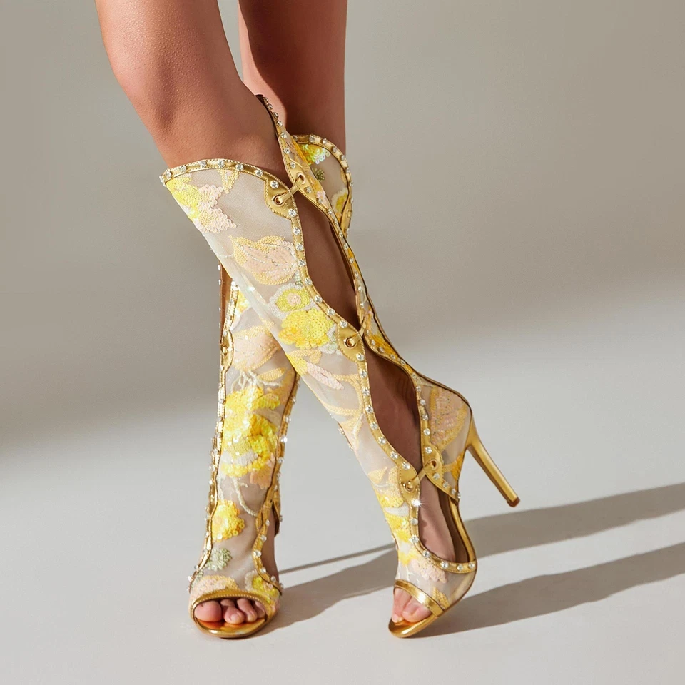 Sandalias para mujer punta abierta hasta la rodilla tacón de aguja hueco pasarela Occidente Foto 4 de 4