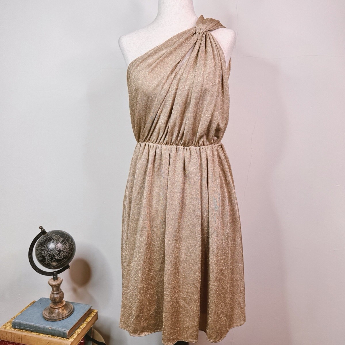 Halston Womens Rory Metallic Short Cocktail and Party Dress Gold 2