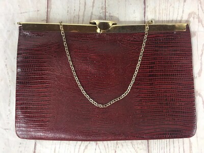 Vintage ETRA Lizard Leather Clutch Handbag Purse Wristlet Burgundy Chain Clasp
