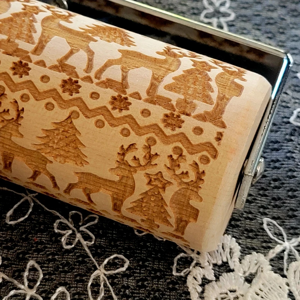 Christmas Embossing Rolling Pin Engraved Wooden Dough Roller Cookies Set Of 2 - Image 2 of 4
