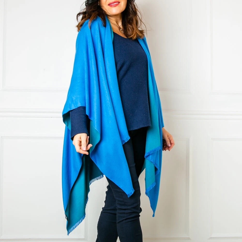 Cashmere Feel Poncho, Wrap Sweater/cardigan, soft ROUND poncho Kingfisher Blue