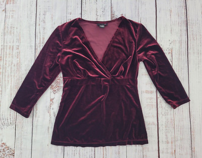 Clothing 8 by Notations Wine Red Crushed Velvet 3/4 Sleeve Surplice Top Size S